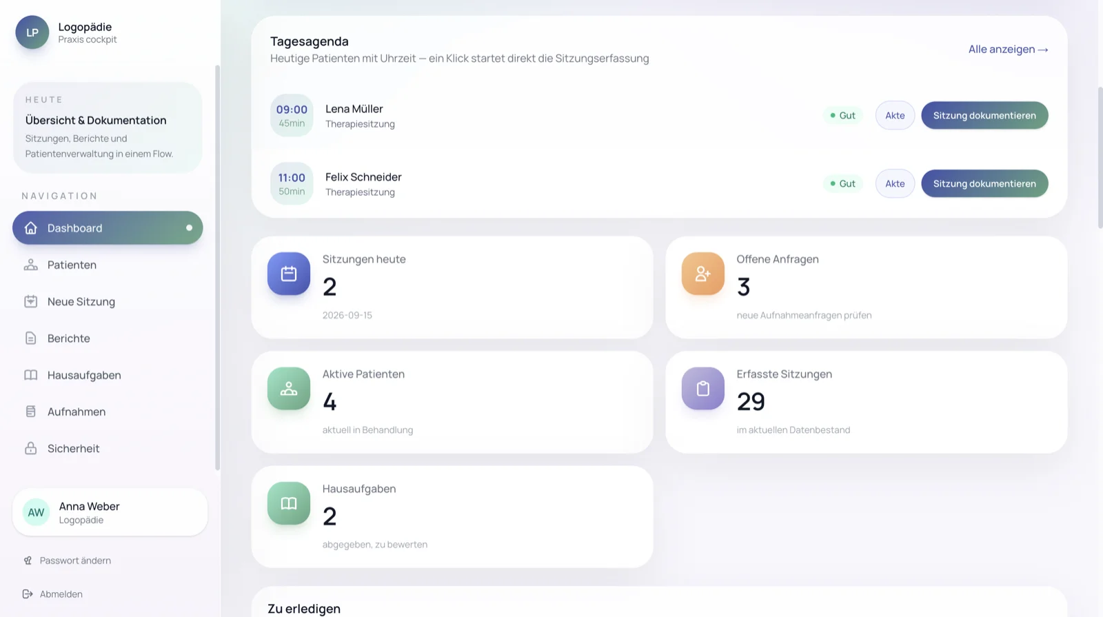 Screenshot des Articulix Therapeuten-Dashboards: Tagesagenda, Sitzungen, offene Anfragen und Hausaufgaben auf einen Blick